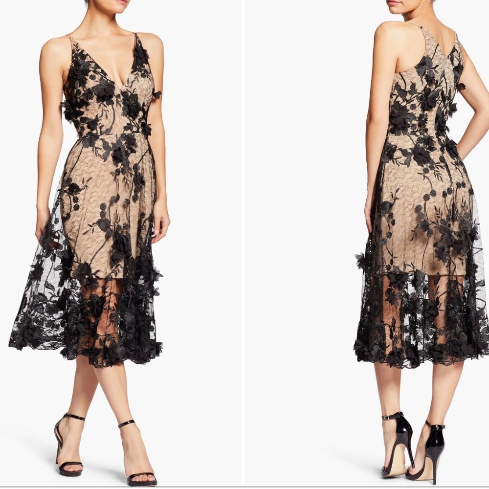 DRESS THE POPULATION Audrey Embroidered Fit & Flare Dress Size Small in Black